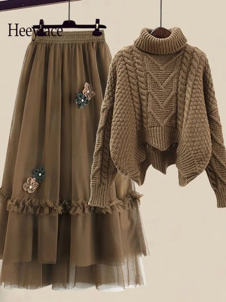 Vintage Two Piece Sets Women Outfit Warm Thick Twist Turtleneck Knitted Sweater Skirt Set