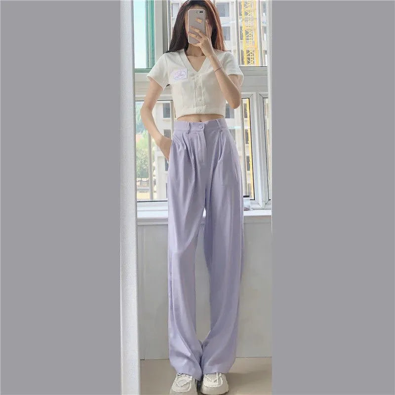 Women's Wide Leg Pants Loose High Waist Casual Trousers Woman Solid Office Straight Pants