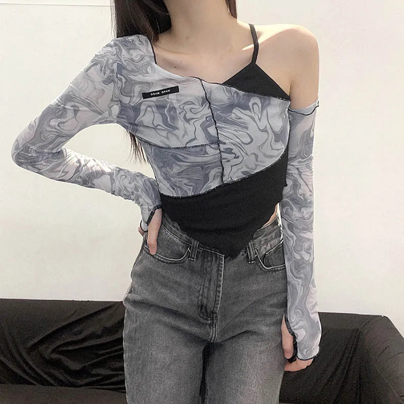 Sleeve T-Shirts Women Sexy Cute Slope Neck Ruffles Fashion Tide Autumn Crop Tops