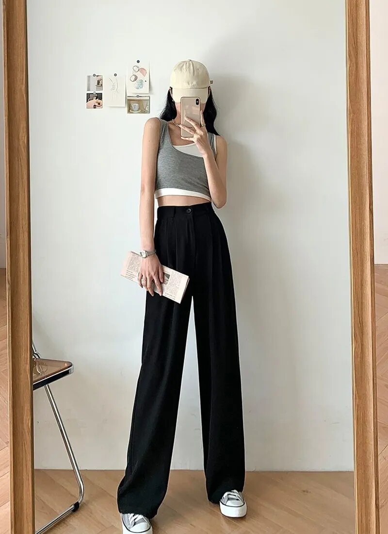 Women's Wide Leg Pants Loose High Waist Casual Trousers Woman Solid Office Straight Pants