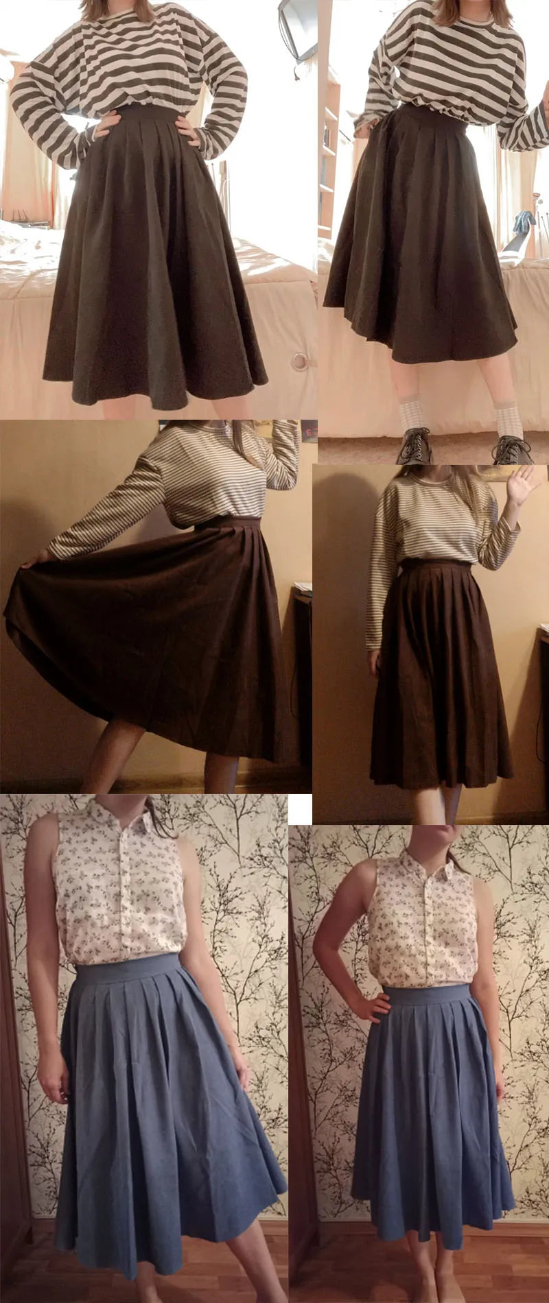 Vintage Brown High Waist Pleated Skirt Women Long Skirt Ladies Casual A line Skirts