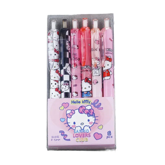 6 pcs Cartoon Gel Pen Kawaii Hello Kitty Kuromi Cinnamoroll Stationery 0.5 Black With Metal Hook