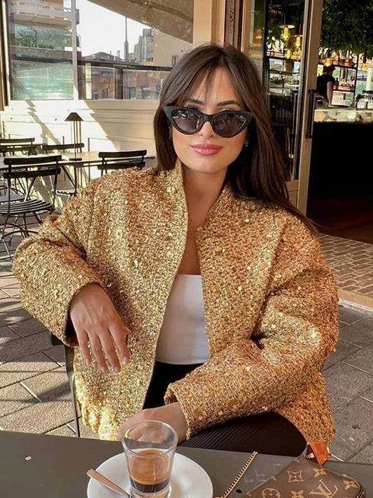 Winter Coat For Women Fashion Party Long Sleeve Gold Single Breasted Female Coats