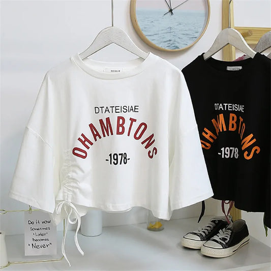 T-Shirt Women fashion printing draw string feeling short sleeve T-shirt female Female Tee Tshirts