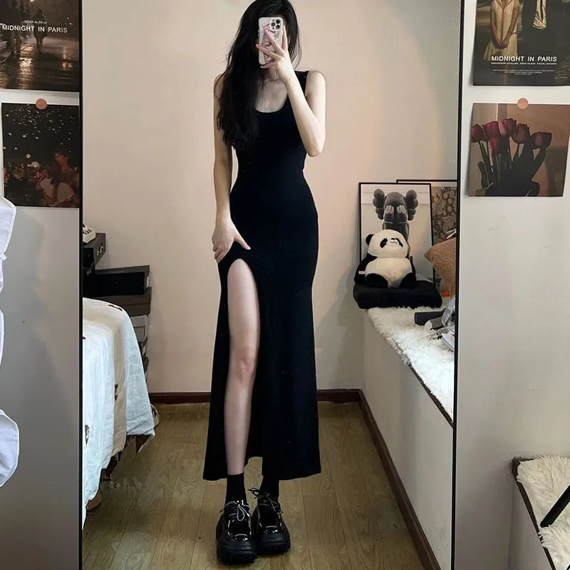 Black Sleeveless Strap Dress Women Sexy Slim Fit Side Slit Irregular Maxi Dress woman