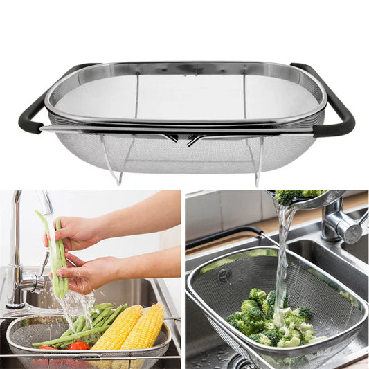 Kitchen Drain Over The Sink Deep Well Oval Stainless Steel Colander Fine Mesh Extendable Handle