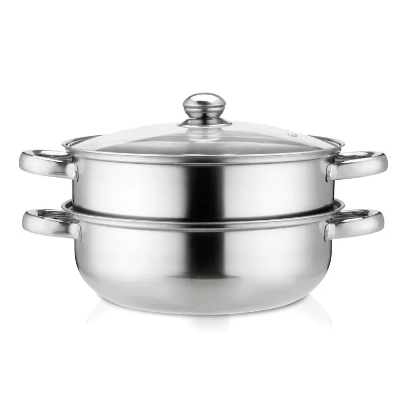 2-Tier Stainless Steel Steamer Multilayer Pot Cookware Pot With Tempered Glass Lid