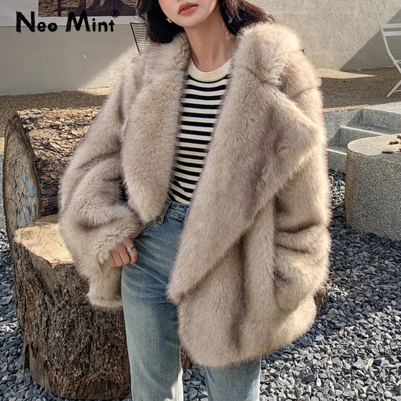 Fashion Faux Fur Coat Jacket Women Winter Loose Oversized Long Fluffy Overcoat Outerwear