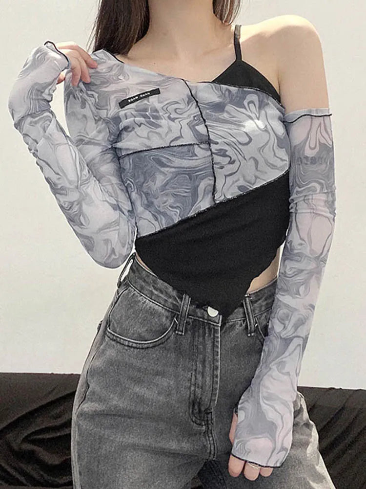 Sleeve T-Shirts Women Sexy Cute Slope Neck Ruffles Fashion Tide Autumn Crop Tops