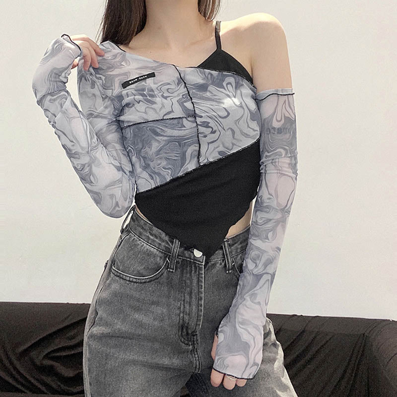 Sleeve T-Shirts Women Sexy Cute Slope Neck Ruffles Fashion Tide Autumn Crop Tops