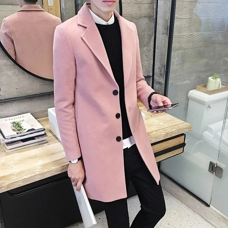 Men Long Cotton Coat Wool Blend Pure Color Casual Slim Windbreaker Jacket Men Clothing