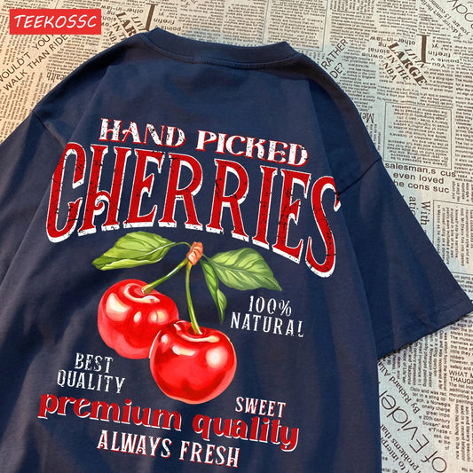 T-Shirts Cherry Printing Tops Oversize Crew Neck Short Sleeve