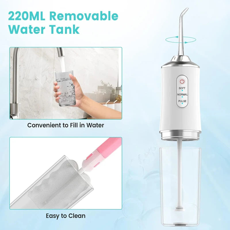 Portable Oral USB Rechargeable Dental Water Flosser 4 Nozzles Water Jet 220ml Water Tank