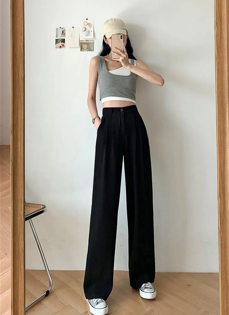 Women's Wide Leg Pants Loose High Waist Casual Trousers Woman Solid Office Straight Pants