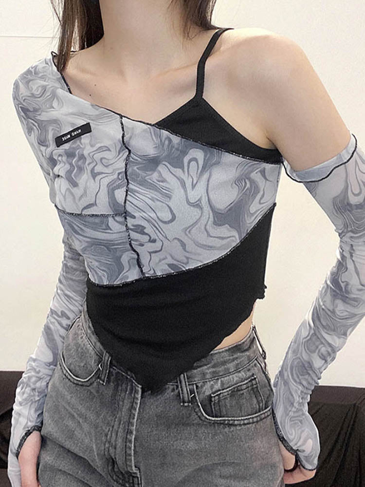 Sleeve T-Shirts Women Sexy Cute Slope Neck Ruffles Fashion Tide Autumn Crop Tops