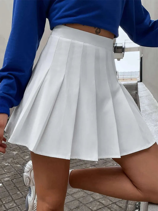 Preppy Style High Waist Solid Pleated Mini Skirt Women Fashion Cute White A-line