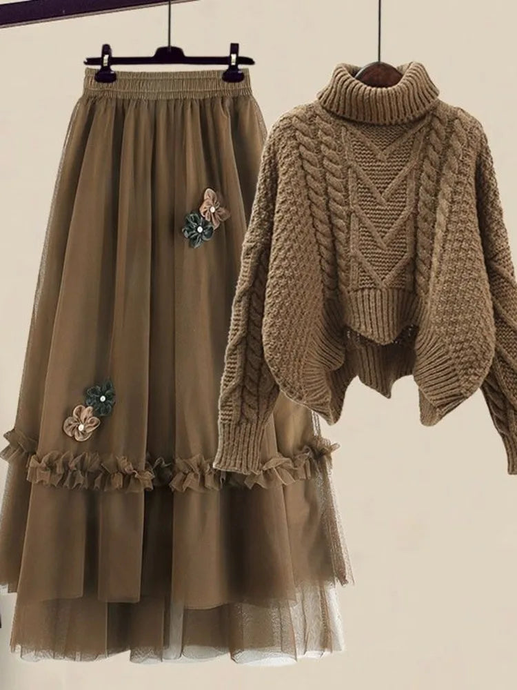 Vintage Two Piece Sets Women Outfit Warm Thick Twist Turtleneck Knitted Sweater Skirt Set