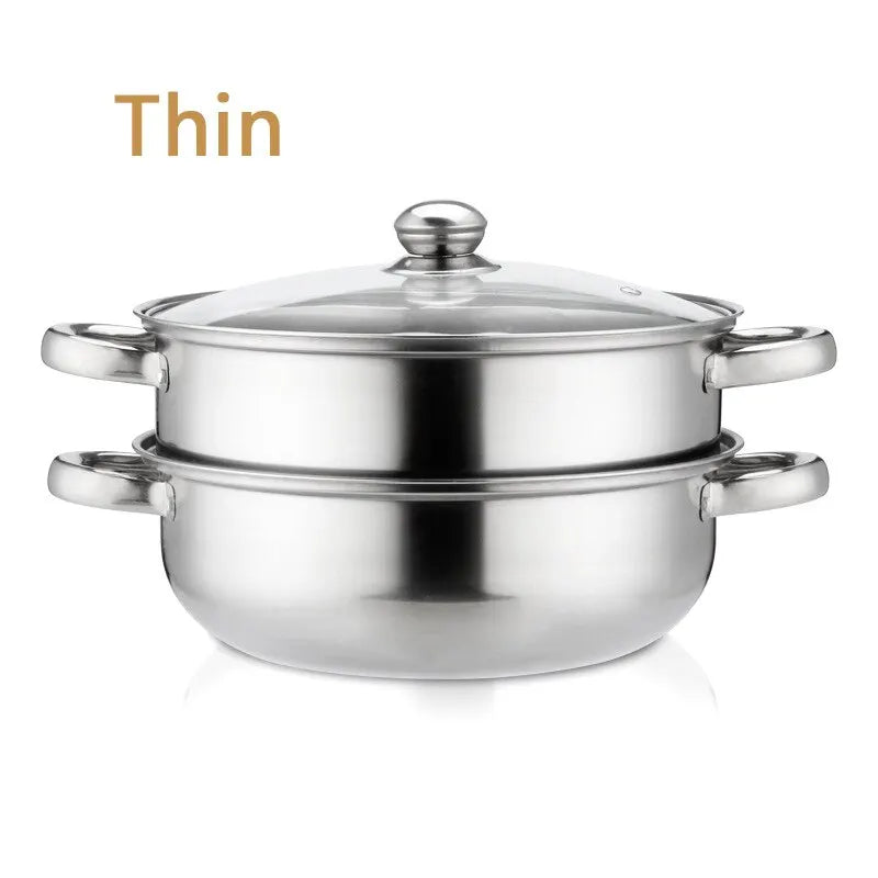 2-Tier Stainless Steel Steamer Multilayer Pot Cookware Pot With Tempered Glass Lid