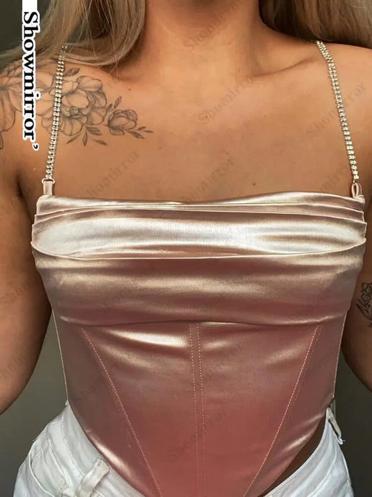 Vintage Fashion Satin Diamond Straps Corset Top for Women Backless Crop Tops Party Sleeveless Tops