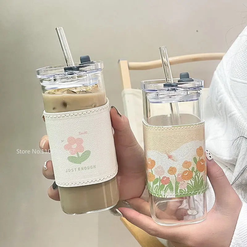 Square Heat Resistant Glass Cup with Lip and Straw Milk Tea Coffee Cup Mugs Drinkware