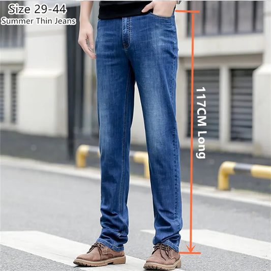 Extra Long Jeans 117CM Tall Mens Thin Stretched Plus Size 40 42 44 Slim Fit Denim Trousers