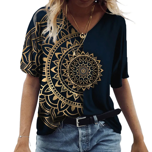 5XL Women's T-Shirt Vintage Casual Fashion V Neck Pullover Short Sleeve Printed Loose Daily Tops