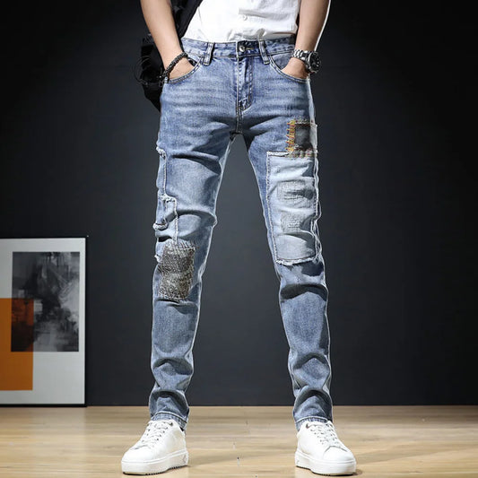 Men Stylish Ripped Jeans Pants Slim Straight Frayed Denim Clothes Men New Fashion Skinny Trousers