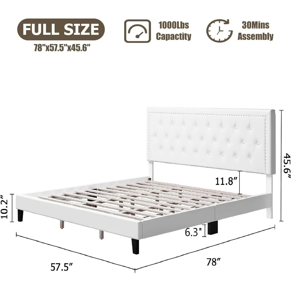 Bedroom furniture full-size bed frame with adjustable headboard, button-tufted faux leather