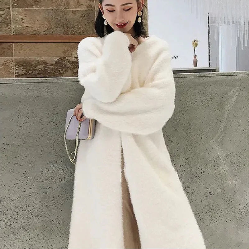 white Long Cardigan for women clothes Knitted fluffy long sleeve Cashmere sweater coat