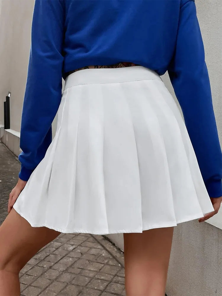 Preppy Style High Waist Solid Pleated Mini Skirt Women Fashion Cute White A-line