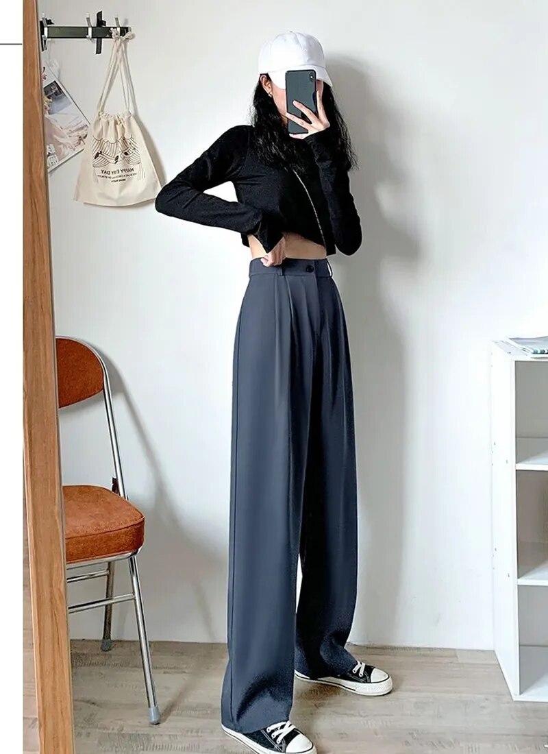 Women's Wide Leg Pants Loose High Waist Casual Trousers Woman Solid Office Straight Pants