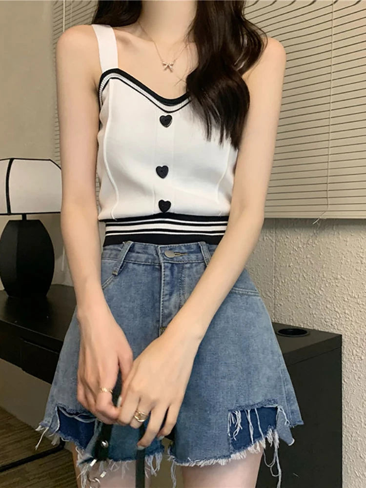 Women Cute Tops With Buttons Knitted Crop Tops Ladies For Summer Tops Knit Patchwork Top