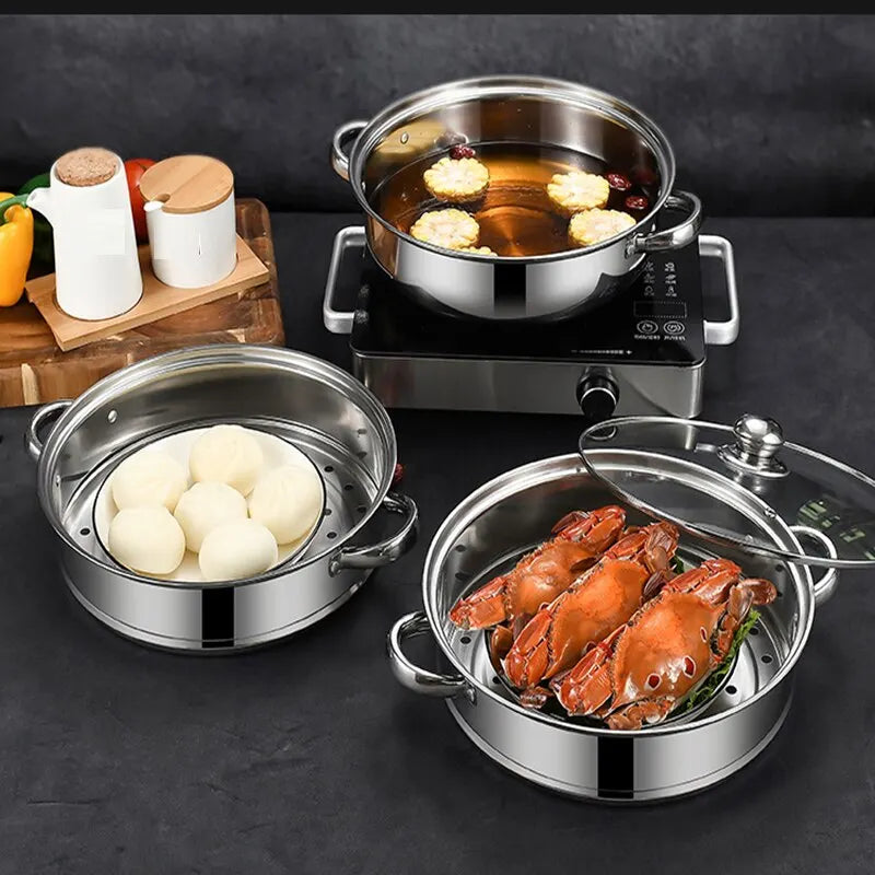 2-Tier Stainless Steel Steamer Multilayer Pot Cookware Pot With Tempered Glass Lid