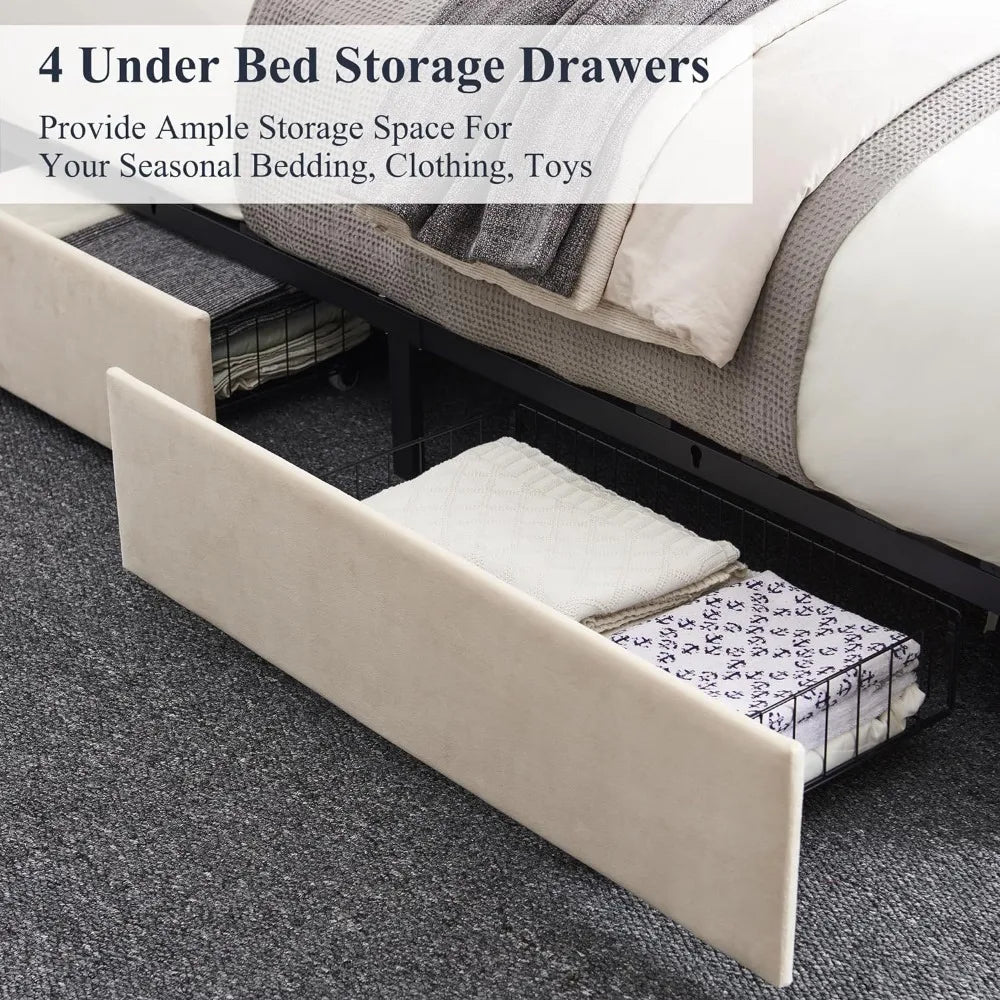 Bedroom furniture, large upholstered platform, bed frame platform with 4 storage drawers