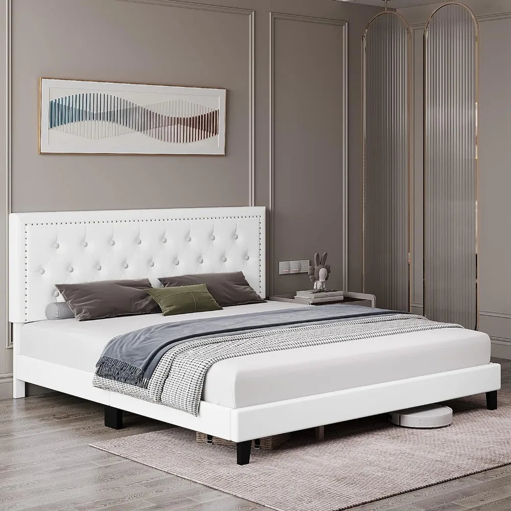 Bedroom furniture full-size bed frame with adjustable headboard, button-tufted faux leather