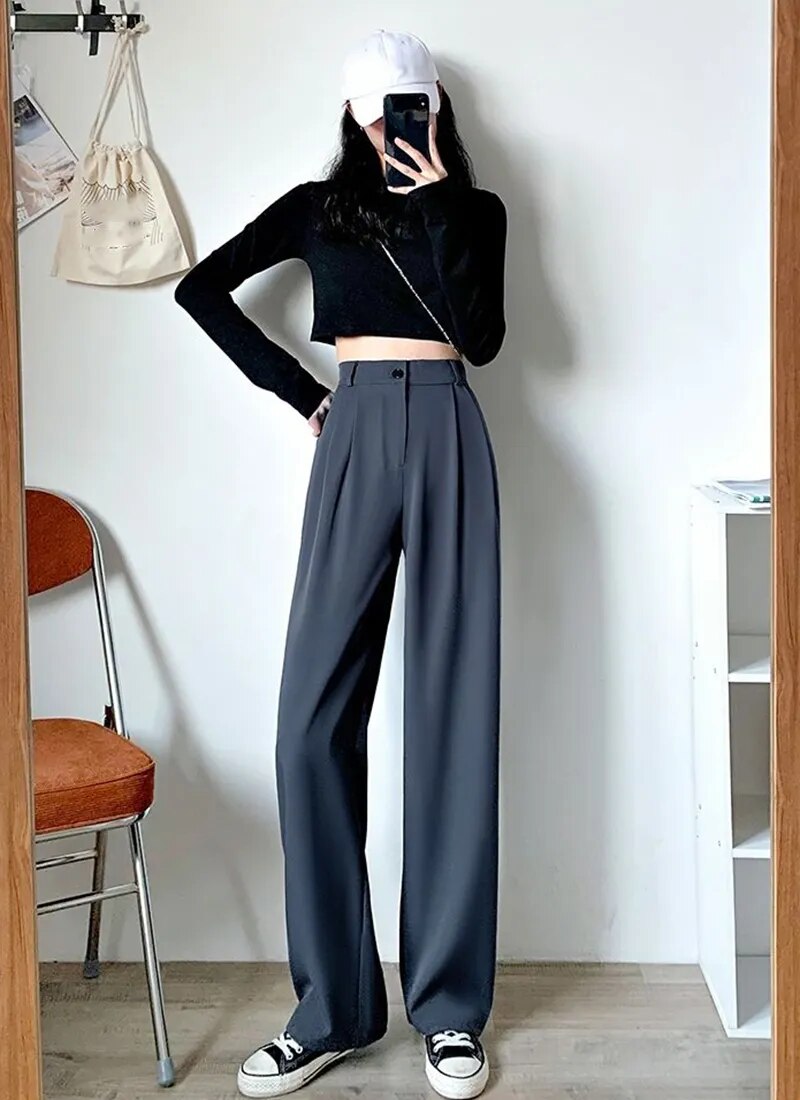 Women's Wide Leg Pants Loose High Waist Casual Trousers Woman Solid Office Straight Pants