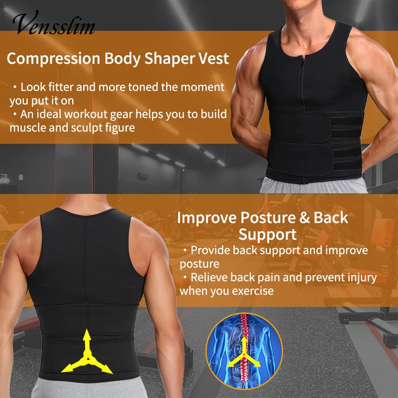 Men's Body Shaper Waist Trainer Sauna Vest Double Belt Sweat Shirt Top