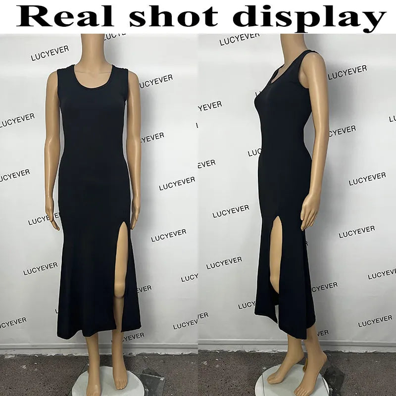 Black Sleeveless Strap Dress Women Sexy Slim Fit Side Slit Irregular Maxi Dress woman