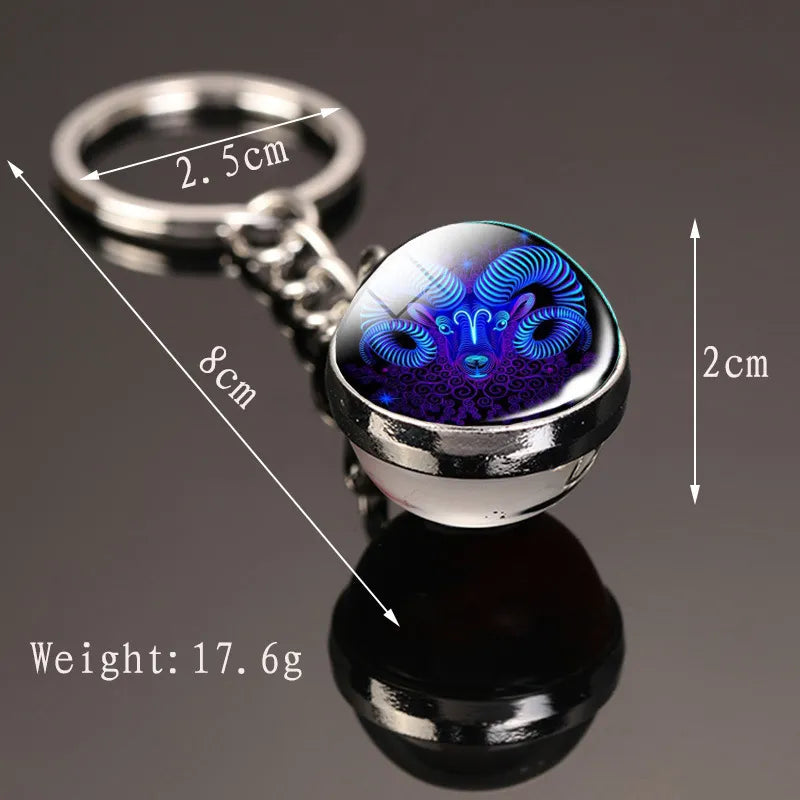 Creative 12 Key Ring Time Stone Double-Sided Glass Ball Metal Keychain Pendant Key Chain