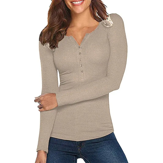 Women Spring Autumn Solid Color T-Shirt Ribbed Henley Neck Long Sleeve Slim-fitting Pullover