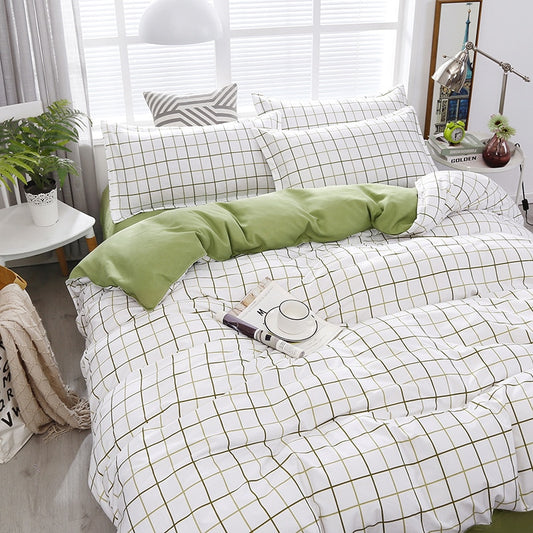 Fashion Bedding Set White Green Double Bed Linens Nordic Duvet Cover Pillowcase Queen Size Flat Sheet Classic Grid Kids Winter