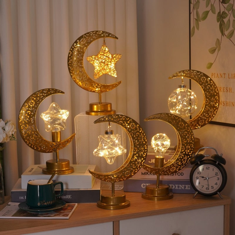 Gold Ramadan Moon Led Lamp Decoration for Home Metal Ramadan Kareem Light Decoration