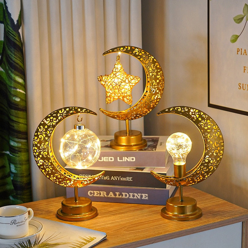 Gold Ramadan Moon Led Lamp Decoration for Home Metal Ramadan Kareem Light Decoration