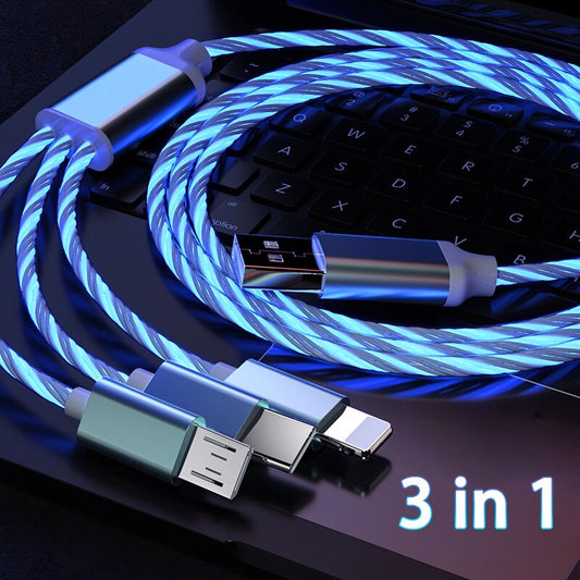 3 in 1 3A Fast Charging Glowing LED Light Micro USB Type C Cable For iPhone Samsung Xiaomi Redmi Phone Charger USB Cable