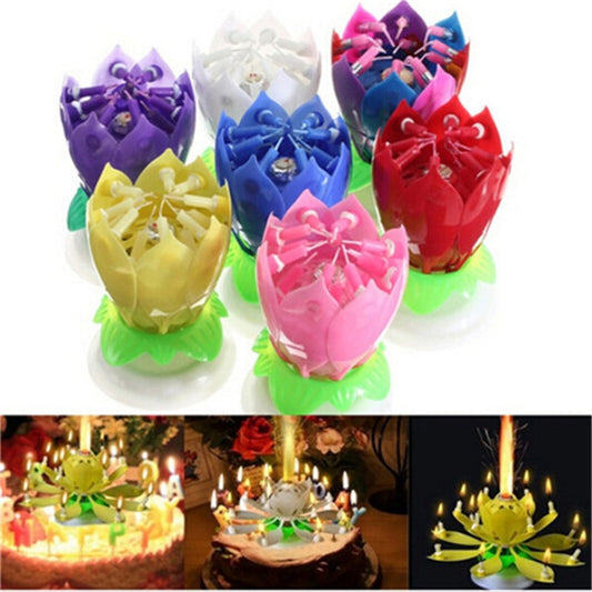 Blossom Music Singing Double Layer Rotating Lotus Disc Base Cake Candle Happy Birthday DIY Cake